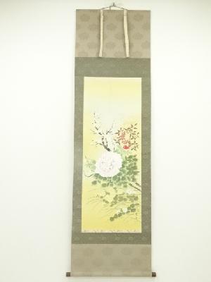 吉田秀月筆　四季花　肉筆絹本掛軸（共箱）